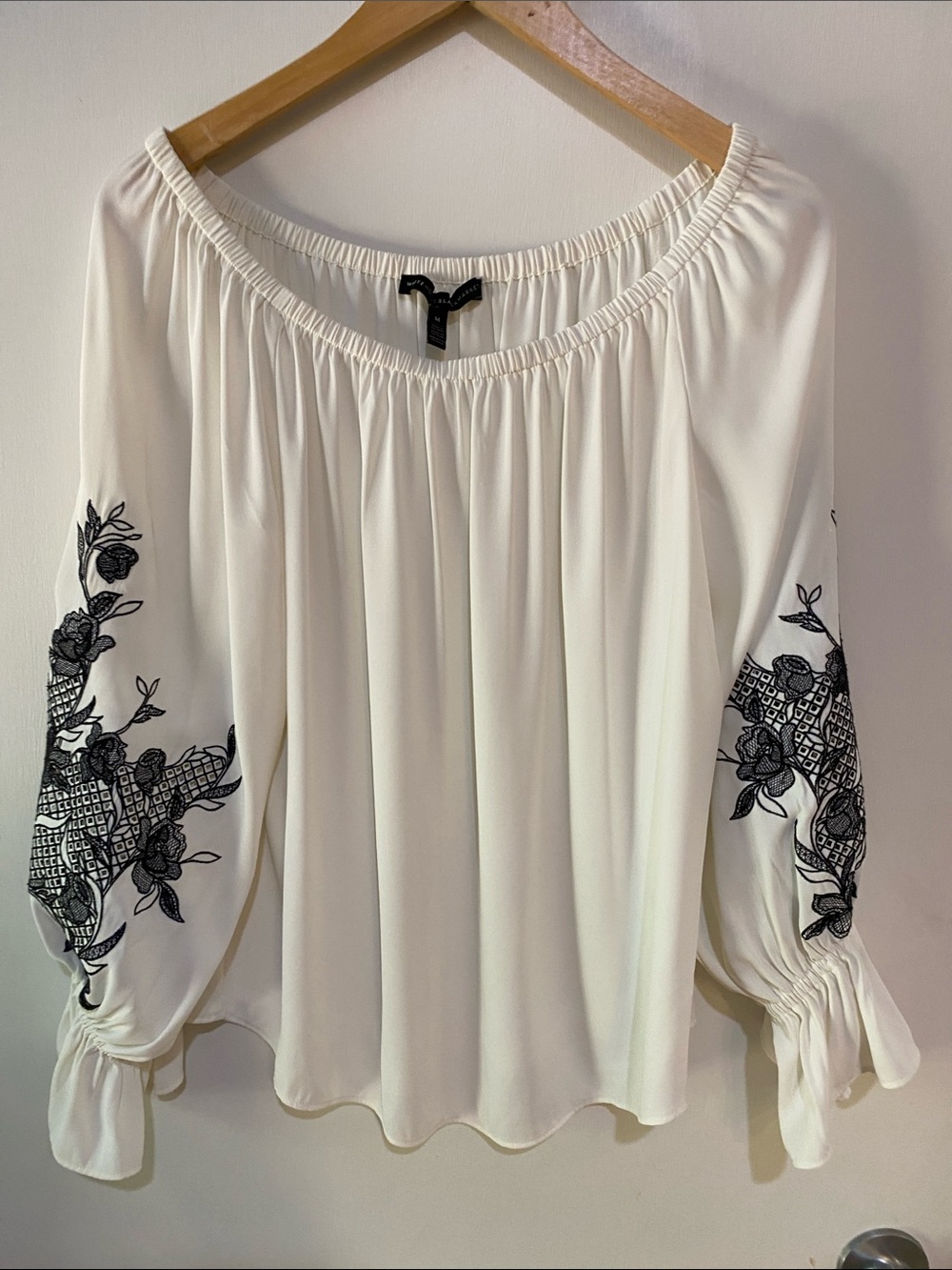White Off-Shoulder Tunic with Black Floral Embroidery
